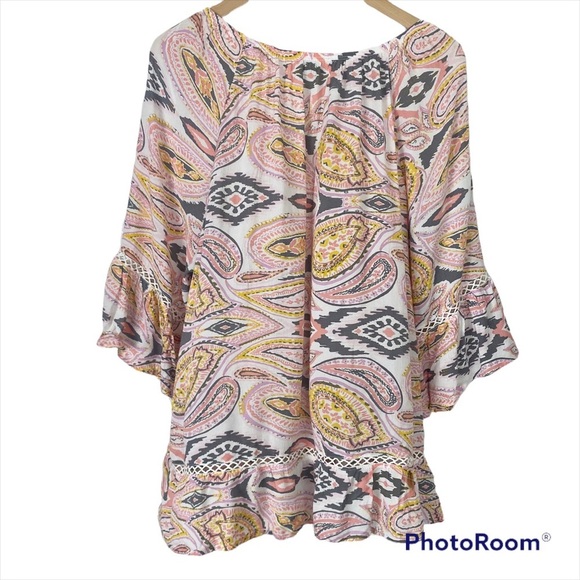 FEVER Bell Sleeve Boho Peasant Blouse Southwest Aztec 1X Lightweight Rayon - Picture 3 of 11